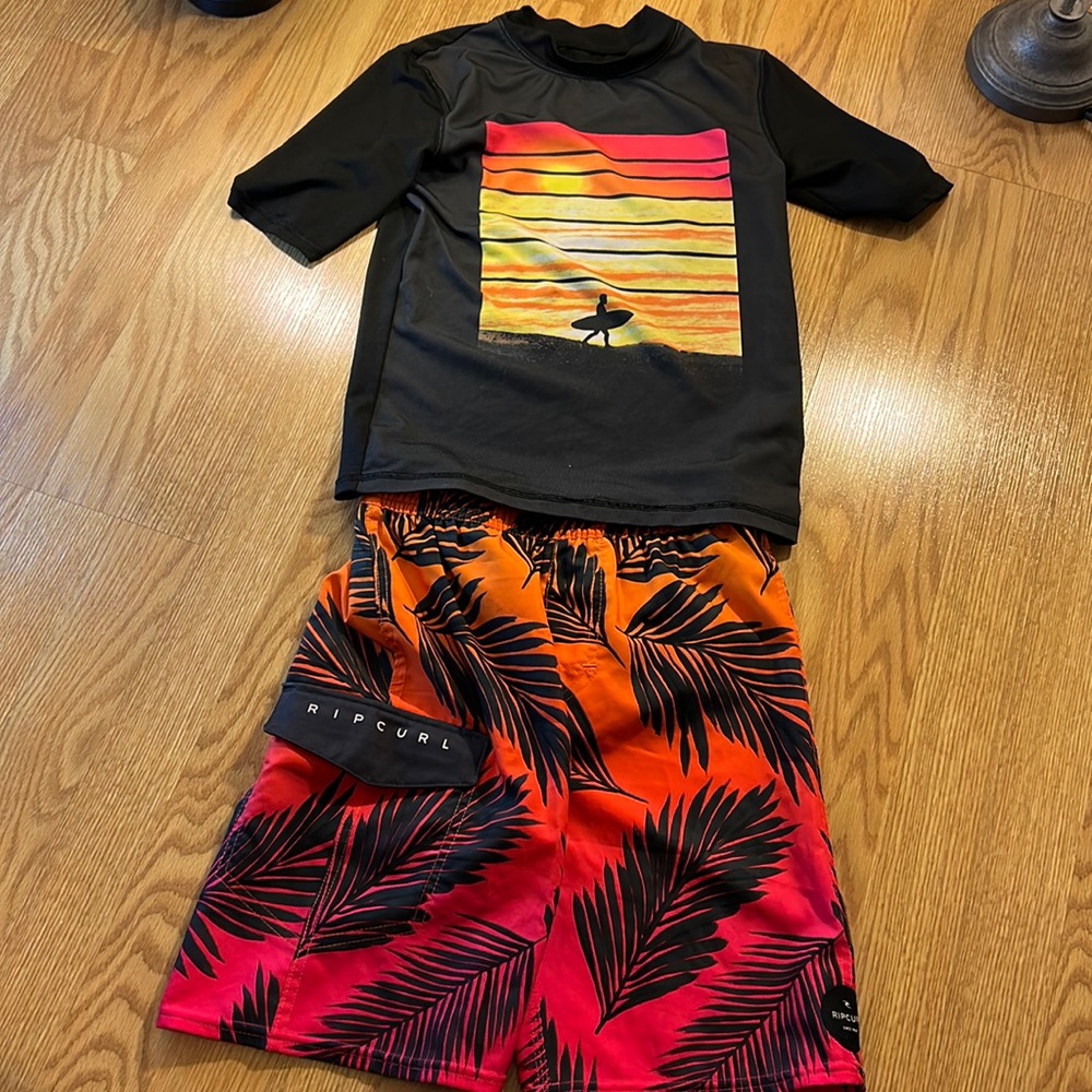 RipCurl swim trunks size 7 Cat&Jack swim shirt size 8/10